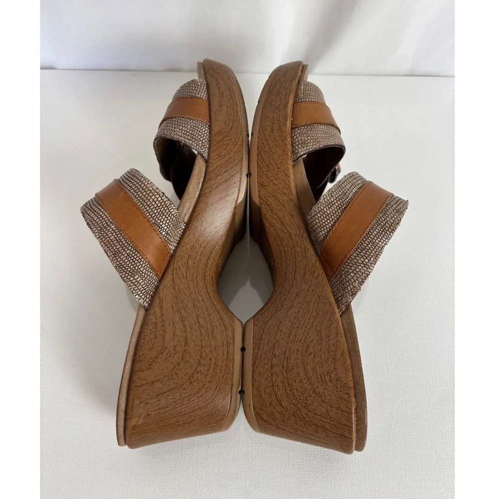 Dansko Women 39 Brown Snake Print Leather Buckle Platform Wedge Slide Sandals